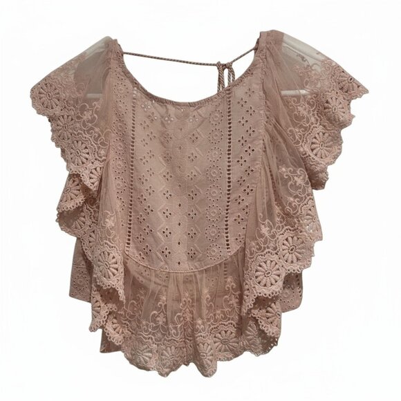 Altar'd State Tops - 5/$30 Altar’d State Pink Lace Eyelet Crop Top | Flutter Sleeve Boho Size Small